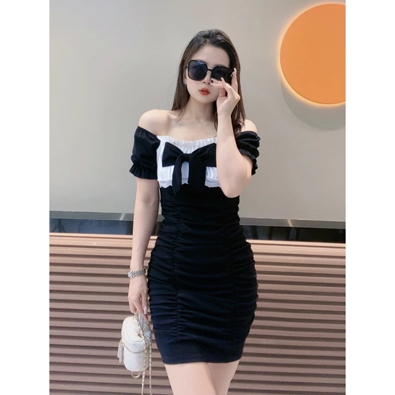 大M家-夏季新款 高级蝴蝶结拼接褶皱紧身包臀连衣裙