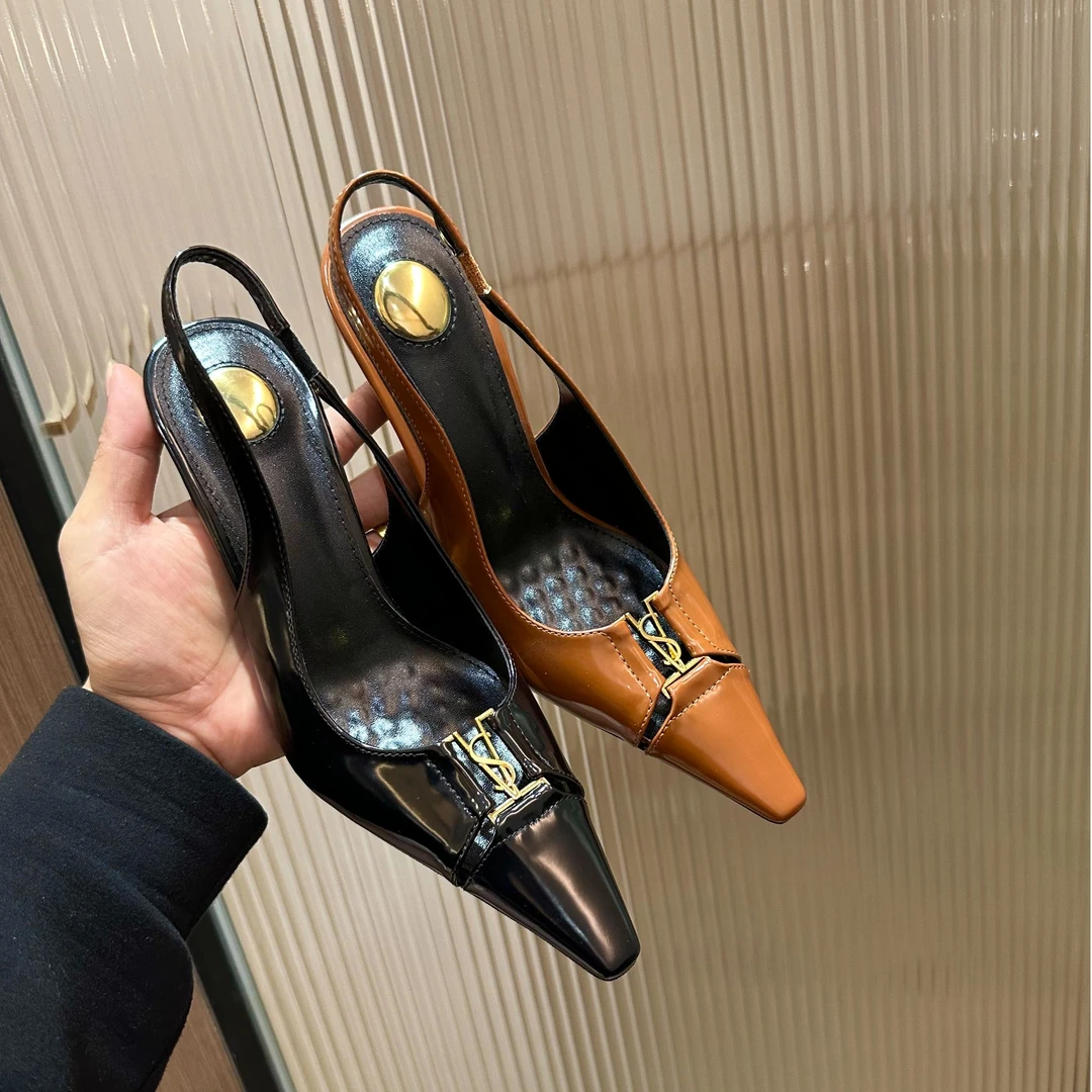 2025新款春夏金属方头后空凉鞋性感细跟高跟鞋女气质百搭漆皮单鞋