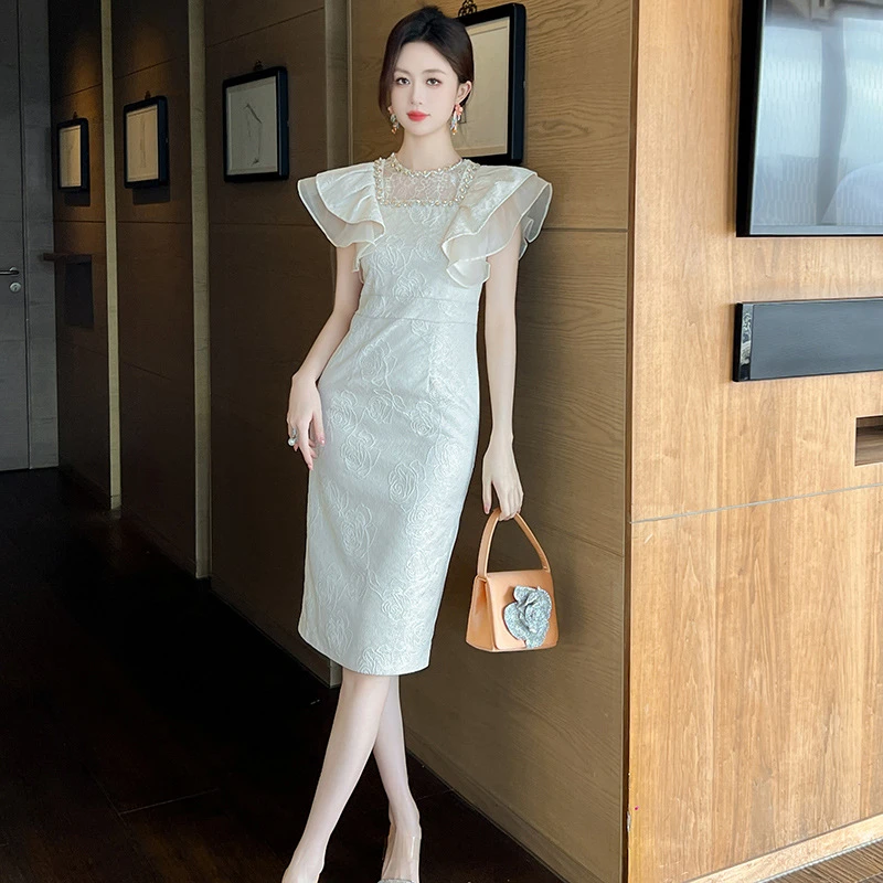 2025夏季新款女装名媛气质设计感镶钻方领荷叶袖包臀连衣裙51052