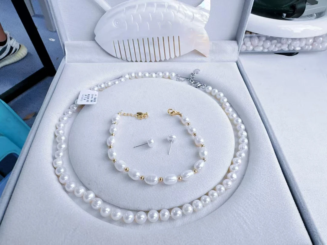 【小宣】淡水珍珠S925银6-8mm项链珍珠耳钉珍珠手链梳子 福利四件套