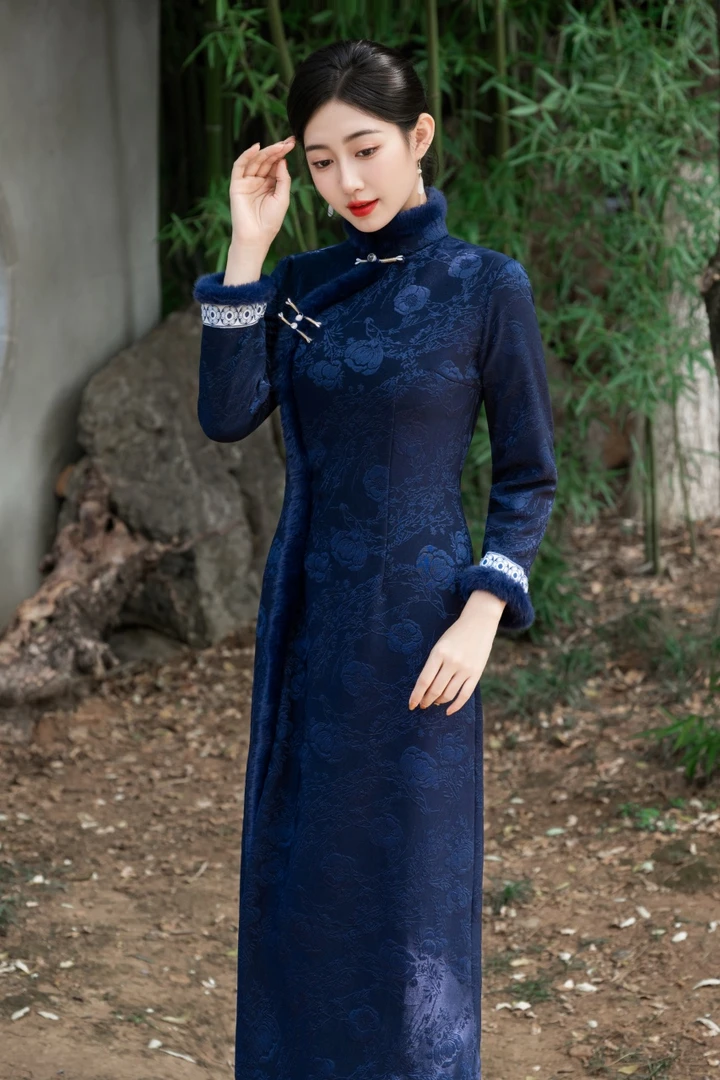 旗袍 长款  加绒 秋冬款（衣长约120cm）W677  兰亭叙