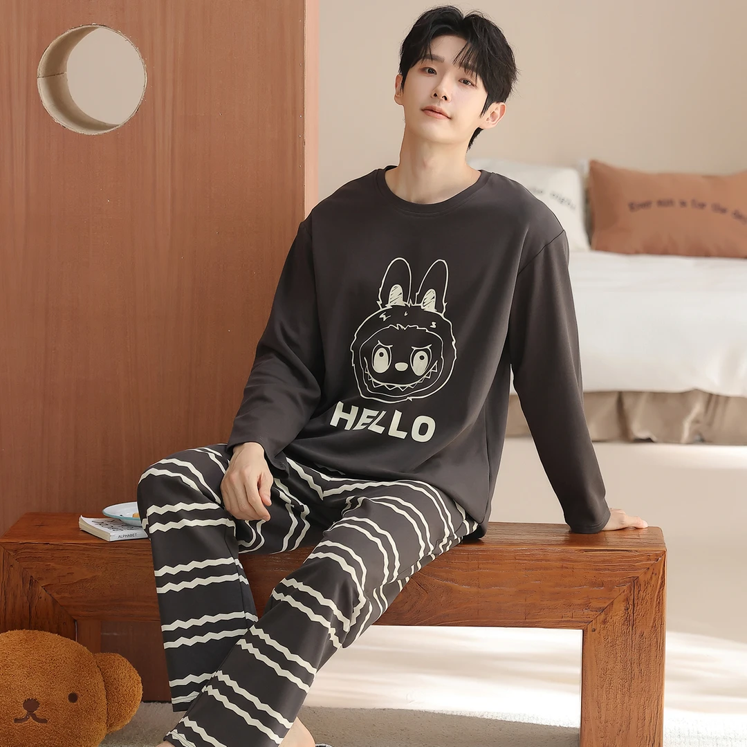 睡衣男士春秋季薄款纯棉长袖夏季男生宽松大码家居服青少年可外穿