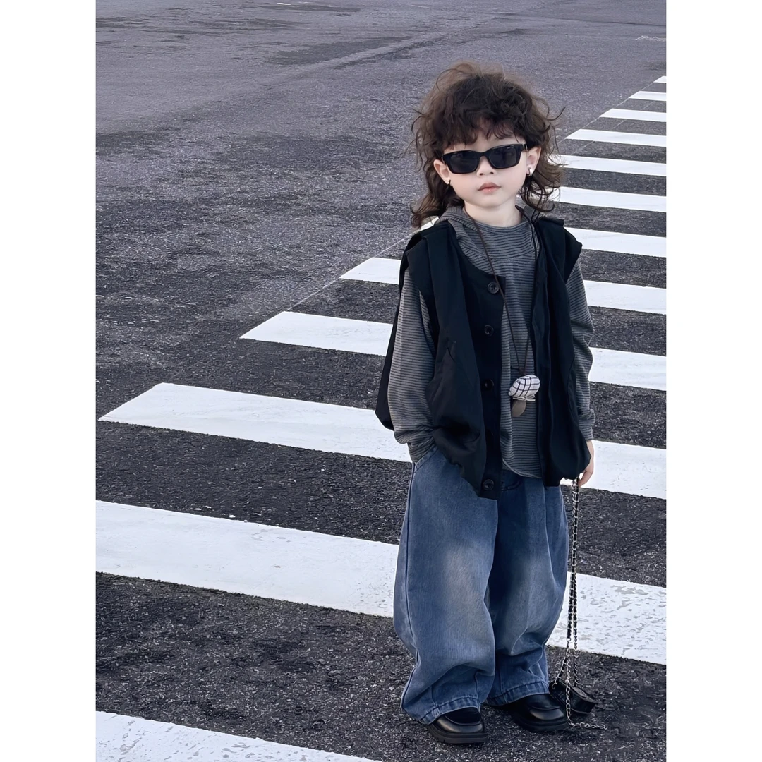 男童春秋款套装2025新款时髦男女童连帽卫衣痞帅马甲三件套潮FY