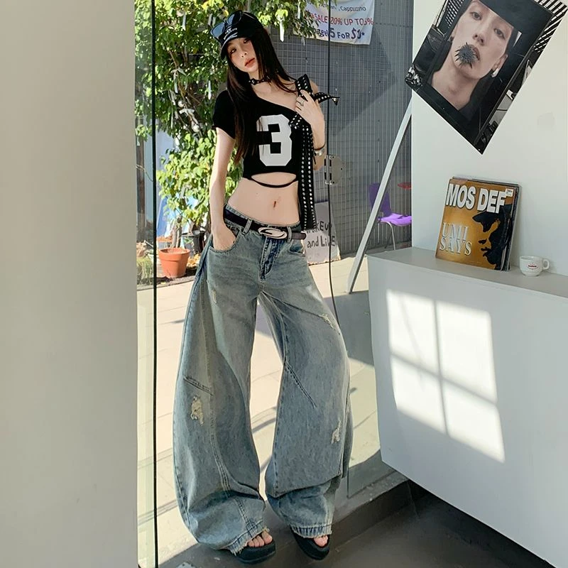 25th ootd! ｜小众高腰复古解构设计感高街辣妹宽松弯刀阔腿牛仔裤