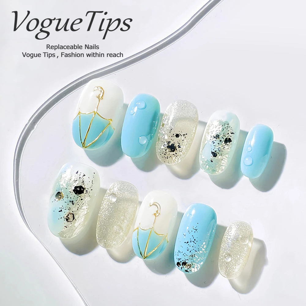 VogueTips 雨情短款手工穿戴甲2025新款夏天ins风蓝色短椭圆ZB501