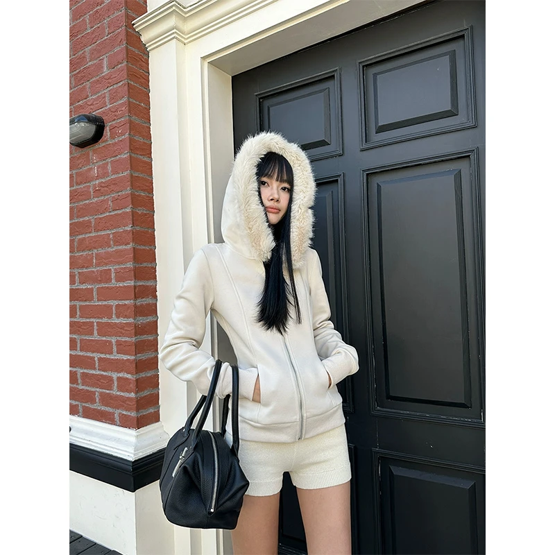 VENUIE【lu式恋人】灰杏色毛领连帽外套加厚短款保暖连帽外套01037