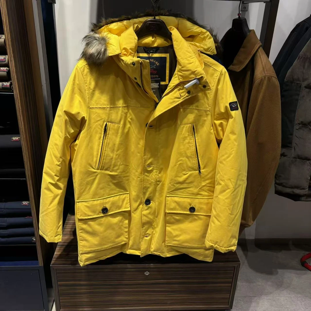 保鲨 不退换特价中长款台风20000连帽黄色超厚羽绒服下单联系客服