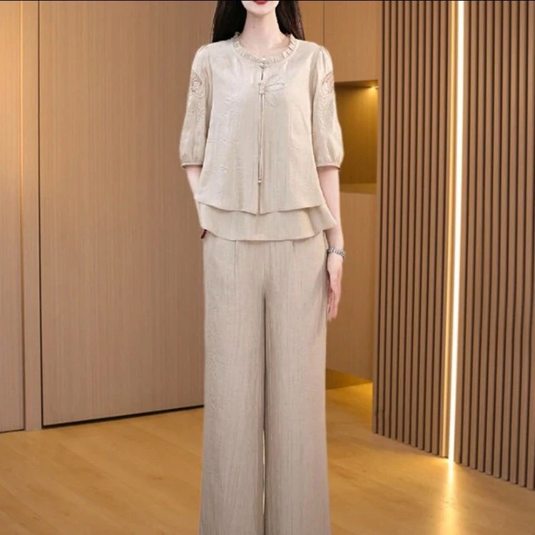 2025新款妈妈夏装阔腿裤套装五分袖上衣女士夏季直筒休闲裤两件套