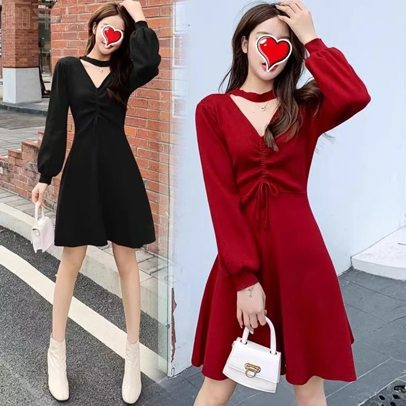 大码气质赫本风秋冬女装新款显瘦收腰性感长袖针织时尚连衣裙