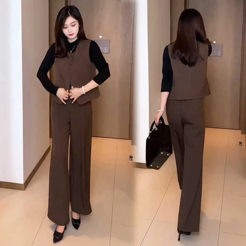 时尚套装女2024秋季新款洋派长袖内搭衣宽松马甲显瘦阔腿裤三件套