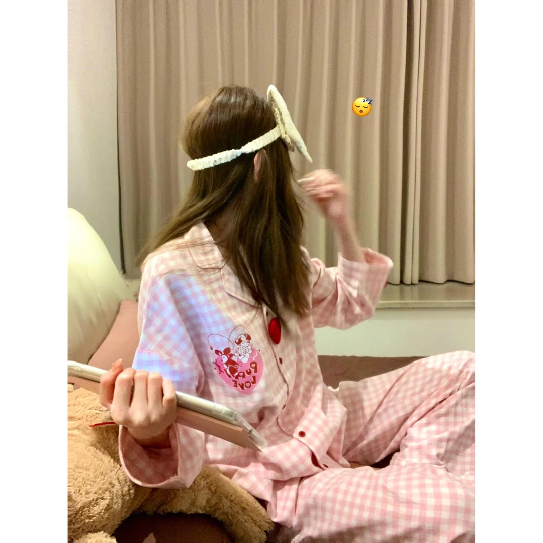 甜美少女爱心格纹睡衣女款秋季新款大码长袖长裤家居服套装可外穿