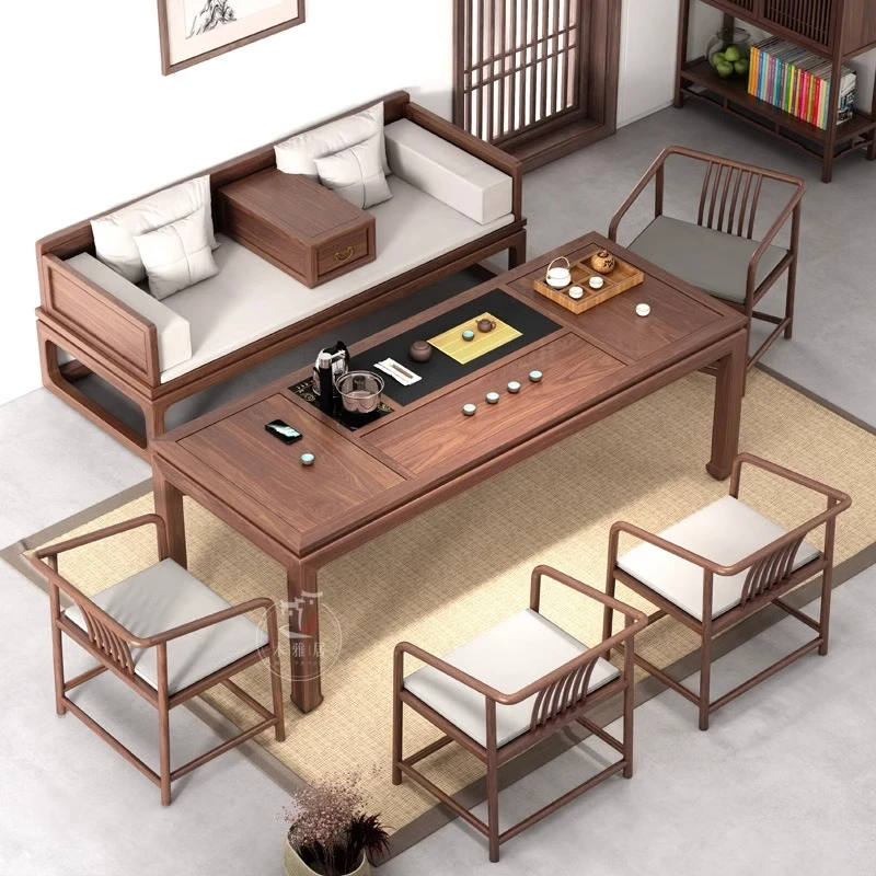 新中式高档实木茶桌椅组合禅意茶几茶室套装家具黑胡桃木功夫茶台