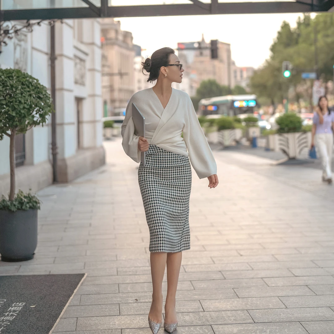 【余书】 高腰包臀中长裙显瘦百搭开叉格纹千鸟格半身裙51760