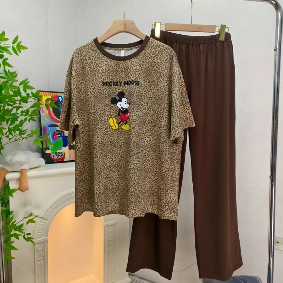 莎莱雅豹纹米奇圆领短袖长裤女款家居服套装55820