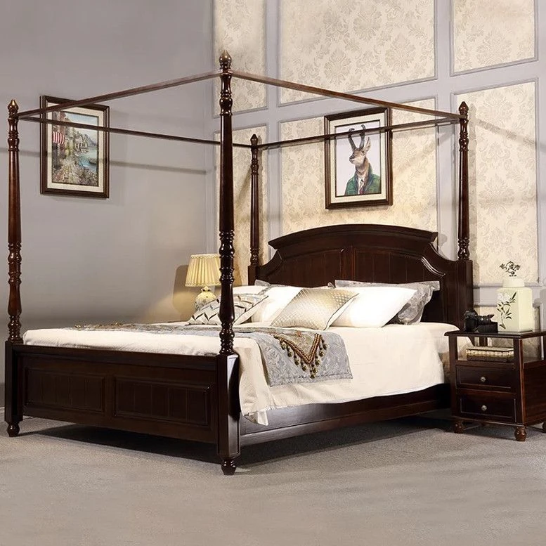 美式床实木架子床1.5米双人床北床新古典四柱婚床气压高箱