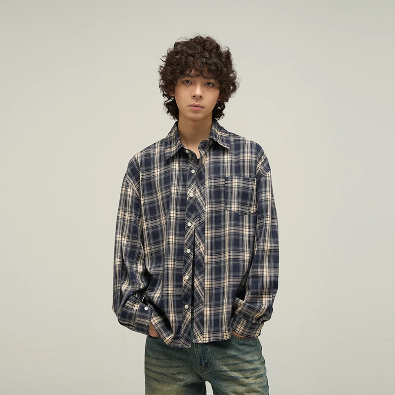 2024美式复古长袖格子衬衫男欧美街头垂坠感衬衣外套情侣潮牌潮