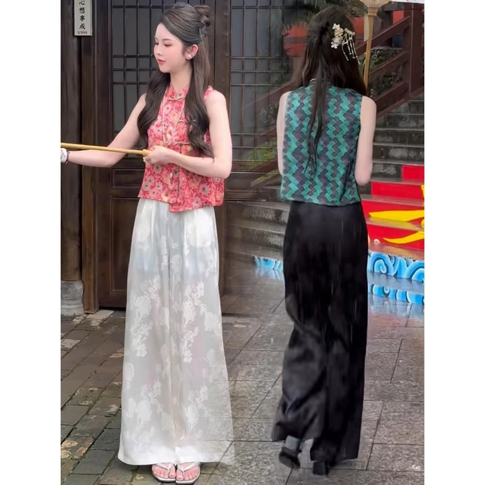 国风新中式套装女夏季新款复古提花无袖马甲背心缎面阔腿裤两件套