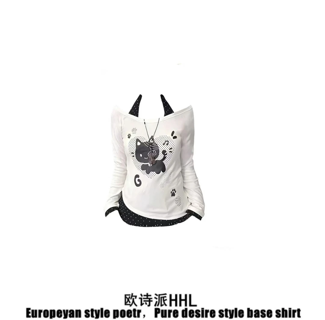 一字露肩小猫印花长袖t恤女春秋修身辣妹挂脖假两件短款上衣潮牌