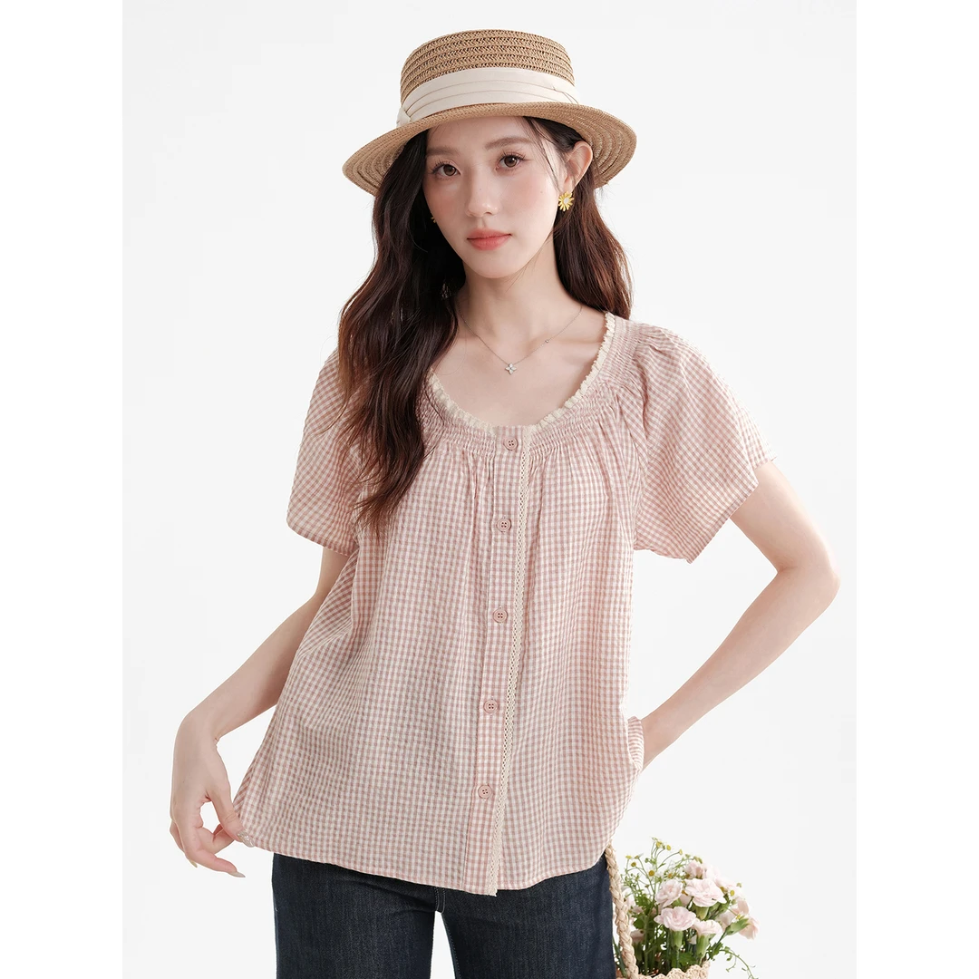 木易易 拼接花边复古红色格子短袖衬衫女夏季文艺小个子宽松上衣