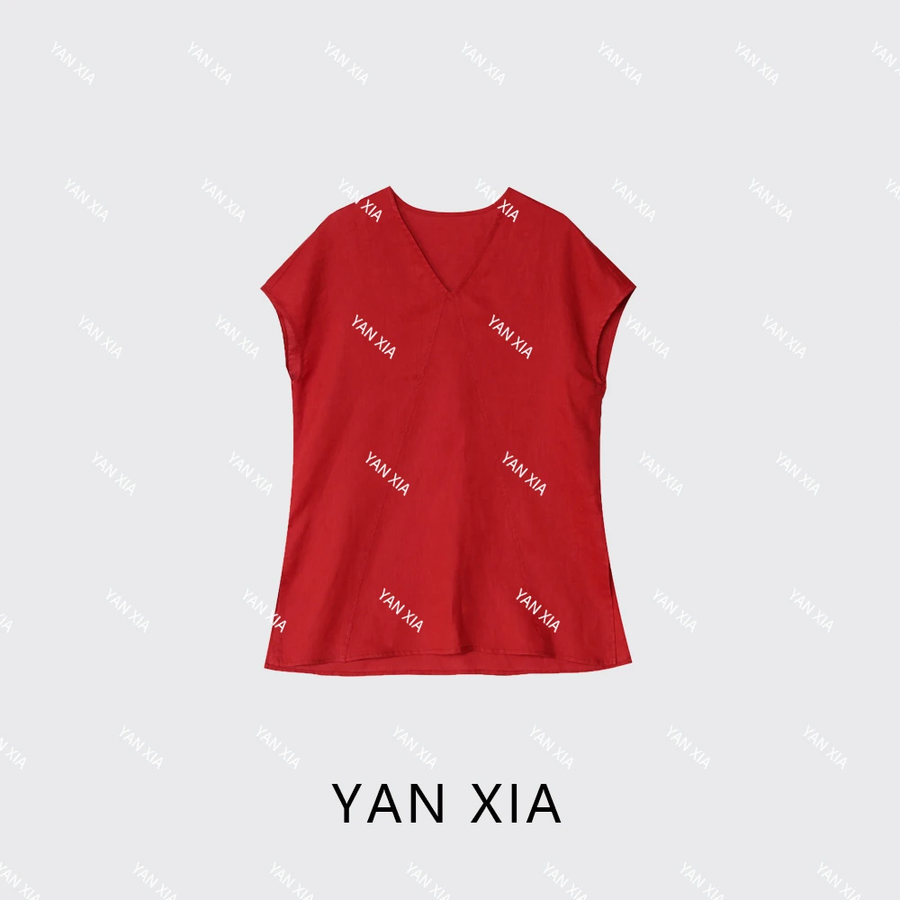 100亚麻背心 纯色时尚 小V领亚麻凉感 女T恤短袖 W-393