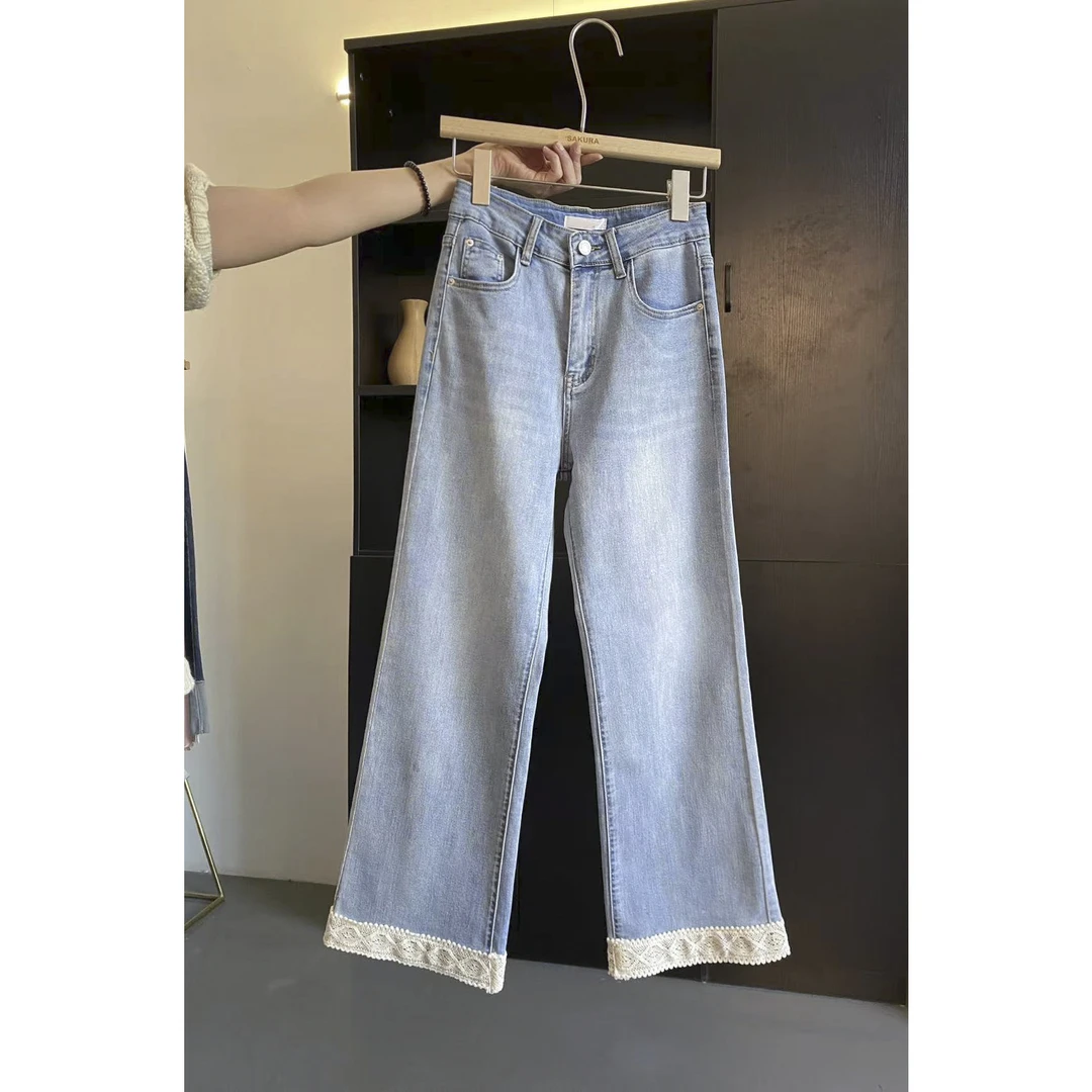 璎婲sᴀᴋᴜʀᴀ【修腿神裤】曼韩版拼接蕾丝甜美九分裤子直筒显瘦牛仔裤
