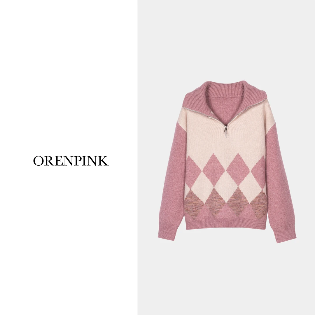 OREN PINK/奥粉25年新款早春款时尚菱形格撞色开门襟翻领女装上衣