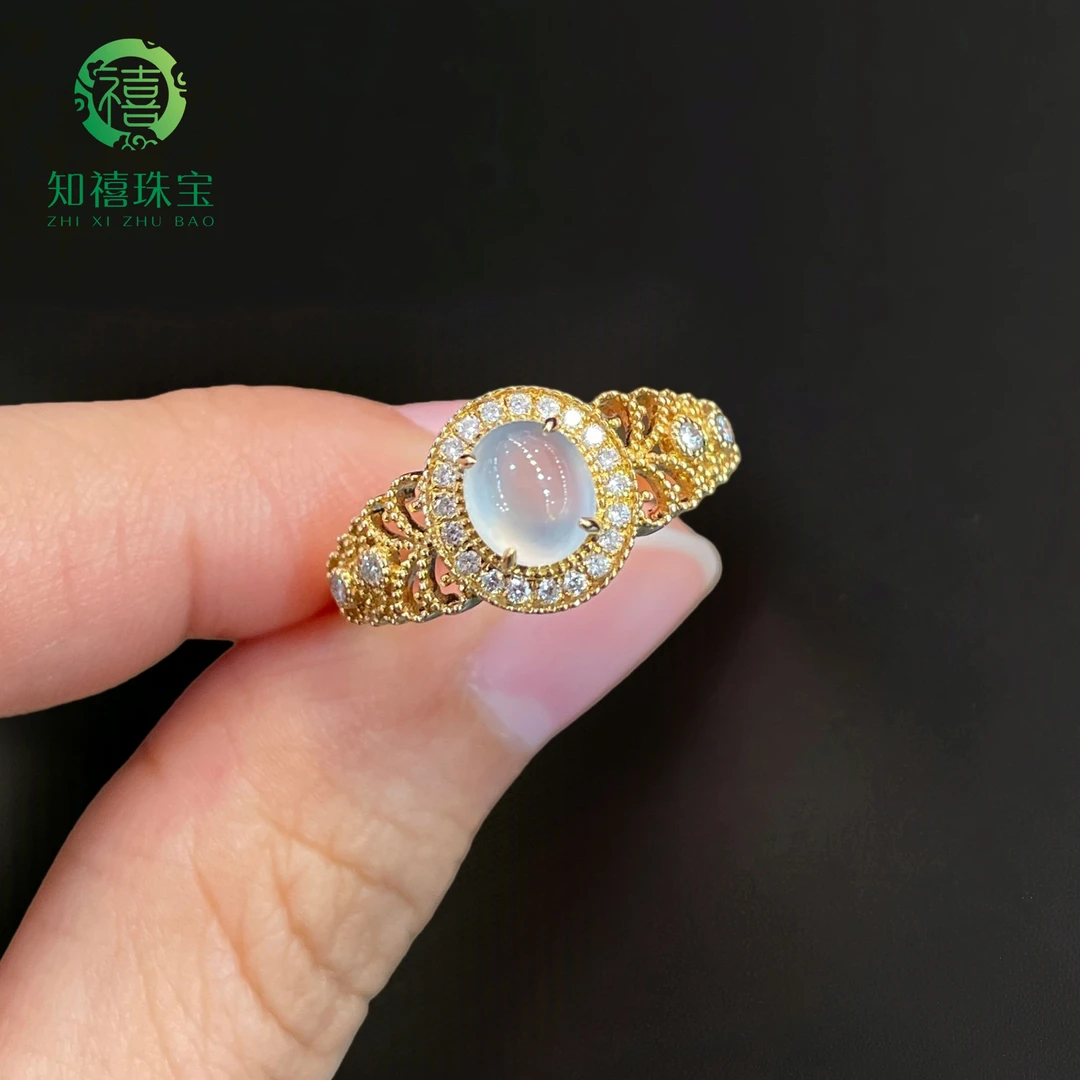【知禧】天然缅甸A货翡翠18K金镶嵌高冰种蛋面戒指蕾丝款复古高级感