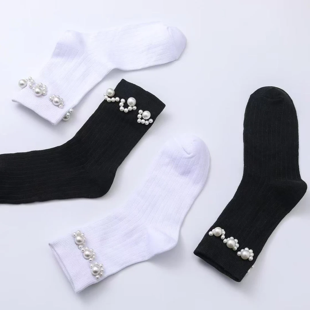 中筒纯色夏季公主风女珍珠中筒袜冬季秋季春季透气镂空袜子女款