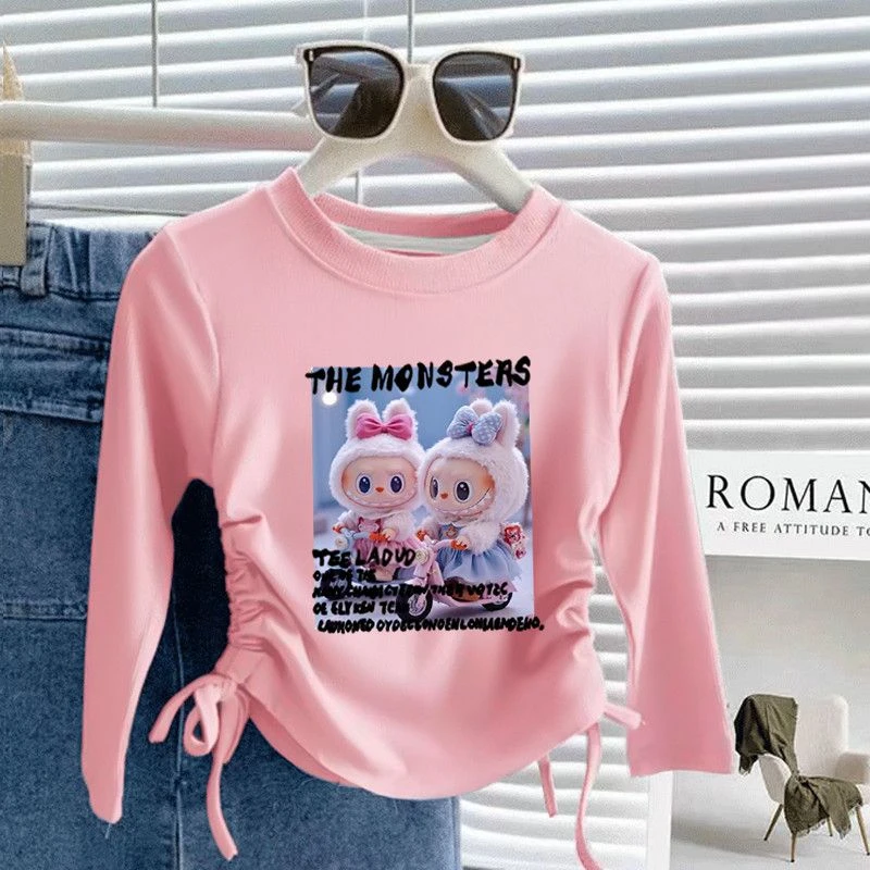 2025纯棉螺纹领甜美抽绳设计长袖中大童新款宝宝卡通拉布女童上衣