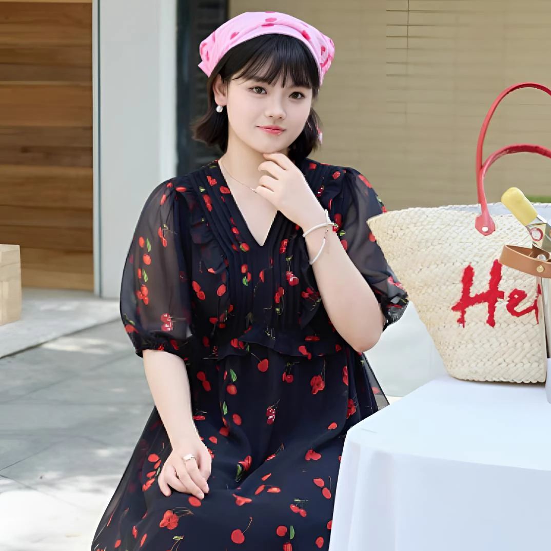 2025夏新款大码女装胖mm连衣裙女压折重工樱桃花长裙子显瘦减龄裙