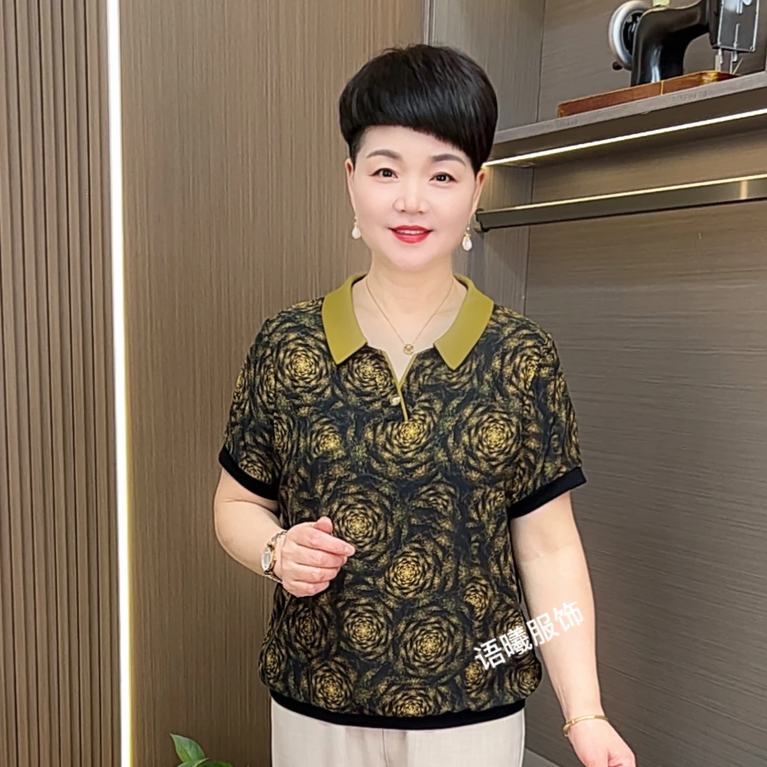 娃娃领森系薄款翻领中老年女装小衫宽松赫本风T恤短袖F8935