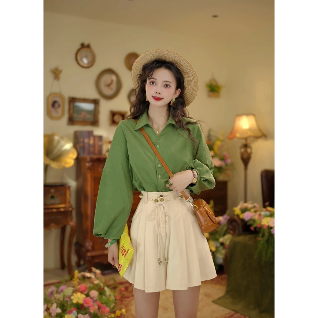 扣子家【夏日青柠】港风复古衬衫女宽松显瘦上衣KN1203026