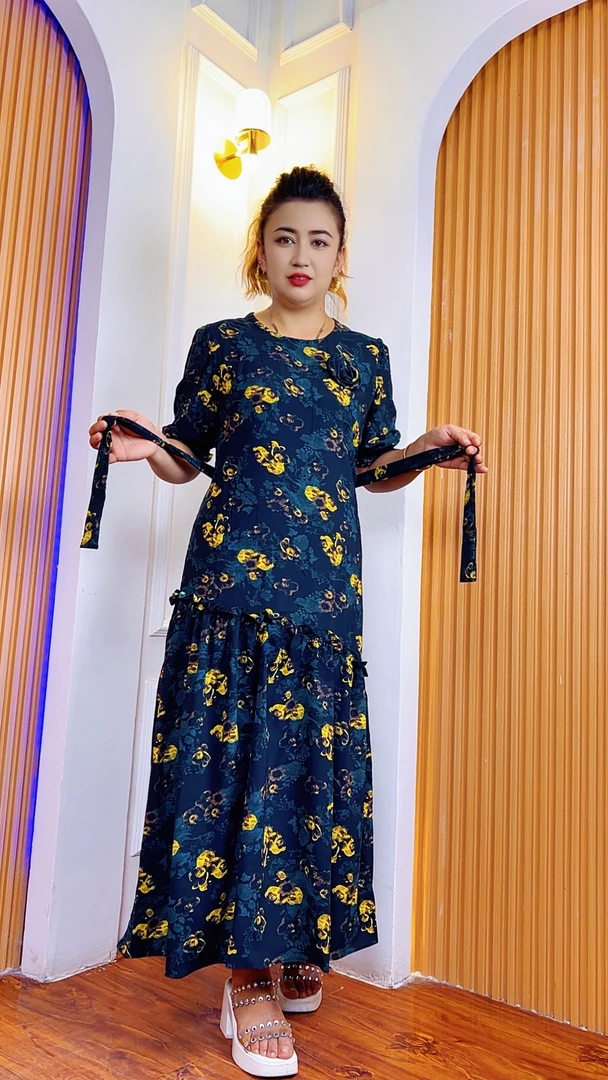 静奢风时尚长袖气质旗袍碎花夏季连衣裙显瘦A字裙H型