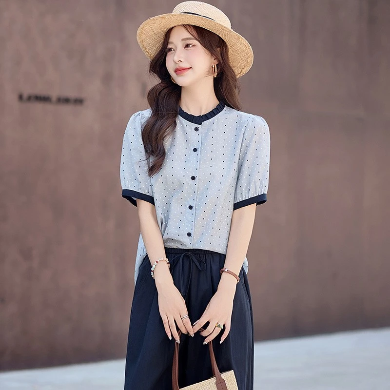 法式复古波点短袖衬衫女士夏季2025新款轻薄圆领上衣通勤小衫