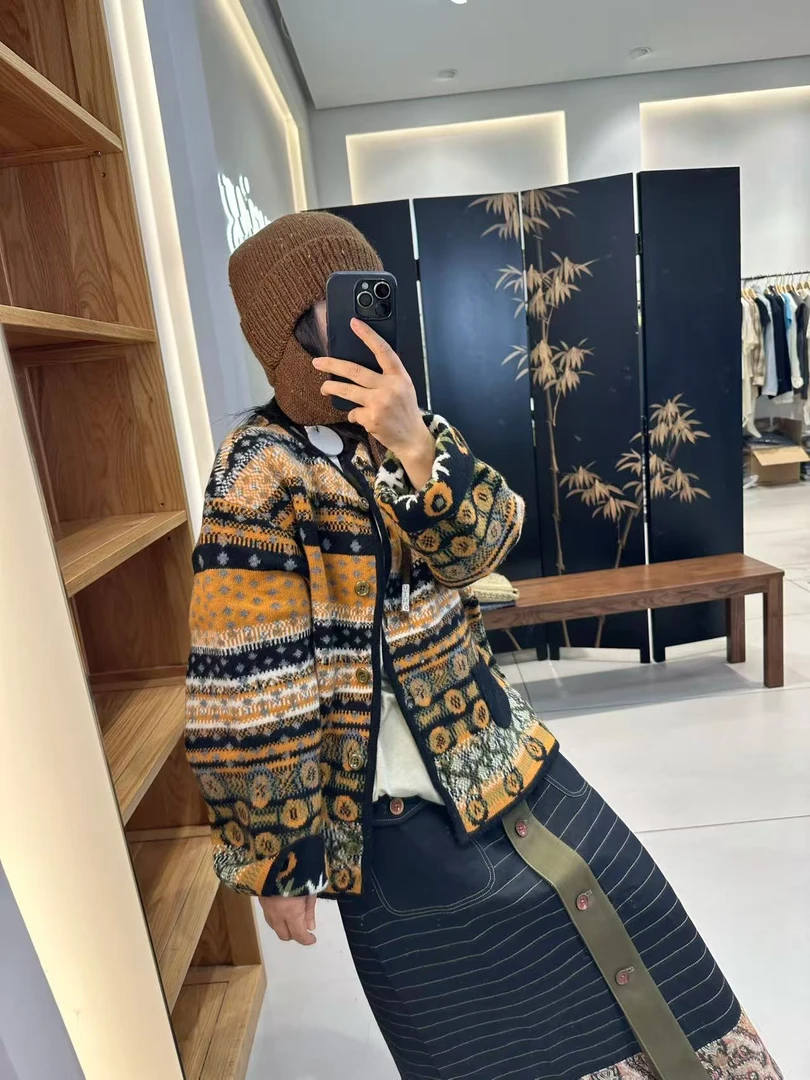 AUBRUINO 2025秋季新款撞色复古提花宽松针织毛衣开衫外套