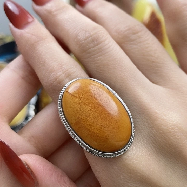 琥珀戒指银S925镶嵌戒指