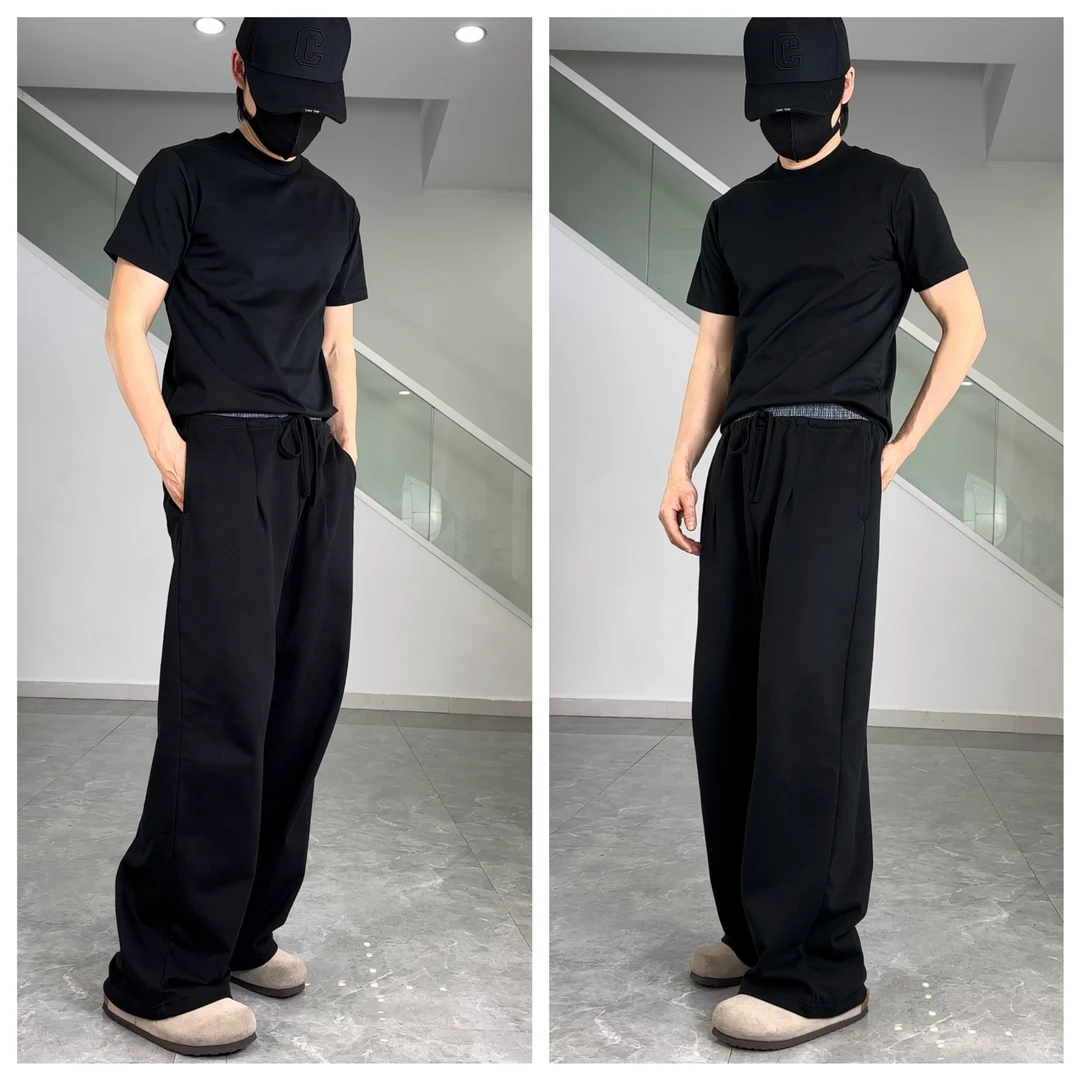 2025夏季美式潮牌中性风拼接双腰头阔腿裤运动直筒休闲裤男潮流