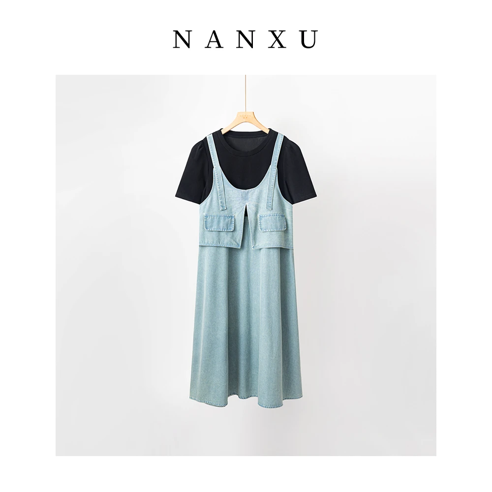 楠序微胖女装 牛仔拼接假两件长款连衣裙女夏季出游服装女YZ36077