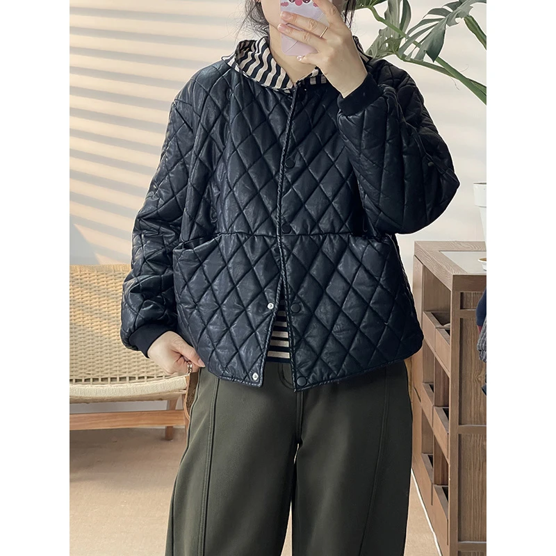 稻子家 2025爆款棒球领菱形格子PU不开裂皮衣夹棉外套9151