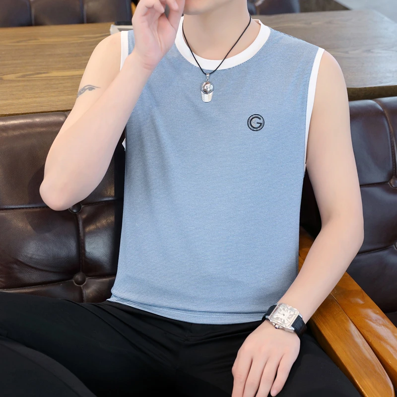 2025新款夏季男士圆领无袖T恤青年百搭潮流印花坎肩背心宽松上衣
