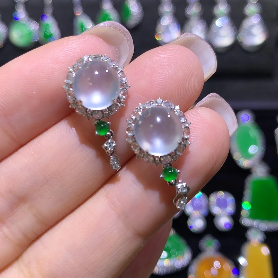 翡翠18K金镶嵌耳饰玻璃种双眼皮不封底