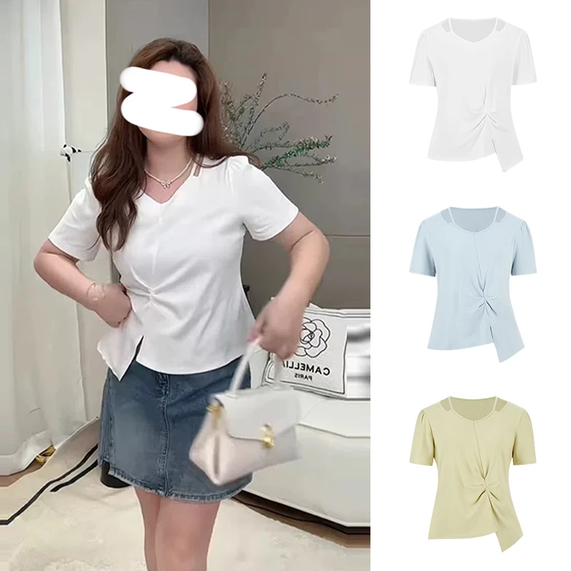 韩版大码女装夏季新款时尚V领镂空不规则褶皱收腰显瘦纯色短袖T恤