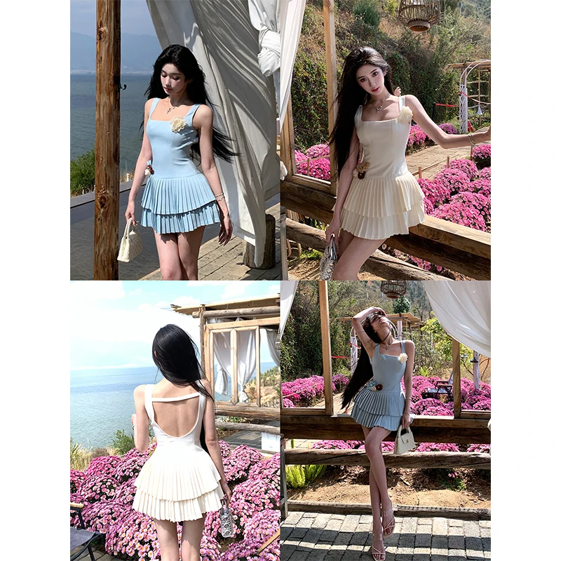 Barb Chill【寻梦山茶】 双色连衣裙甜美时尚叠层宽褶吊带裙