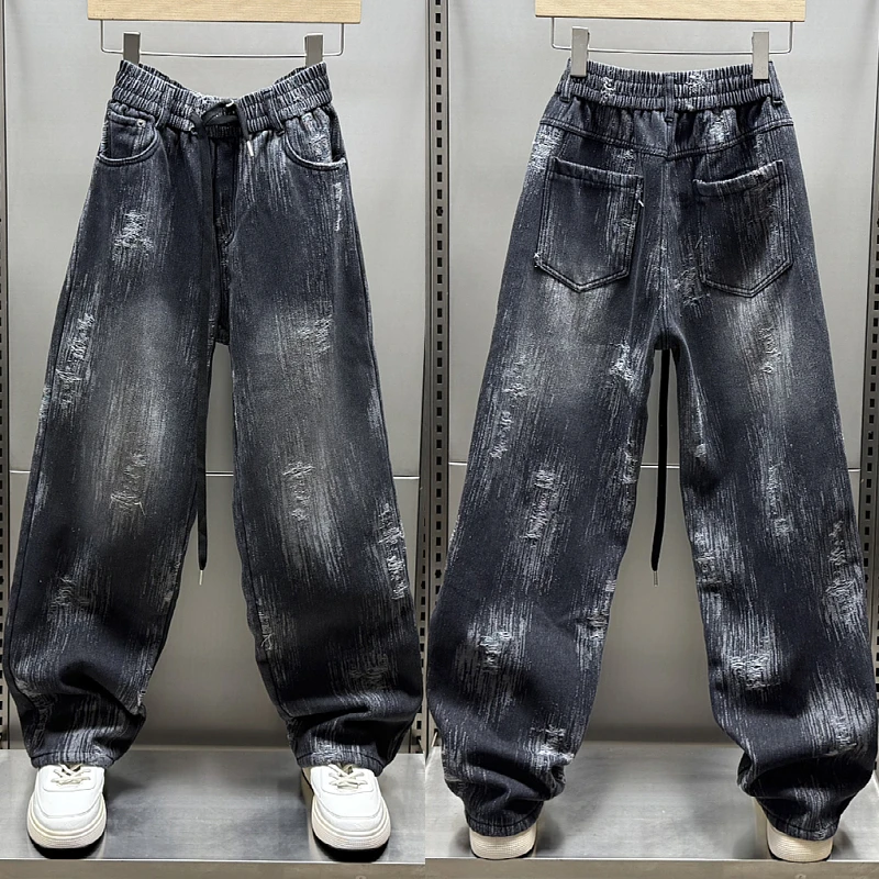 冬季新款加绒加厚痞帅扎染牛仔裤男美式高街破洞刮烂直筒休闲长裤