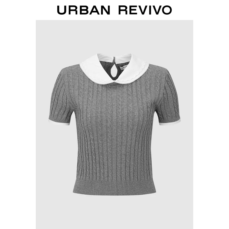 UR2025秋季新款女装休闲撞色娃娃领绞花短款针织衫UYL950219