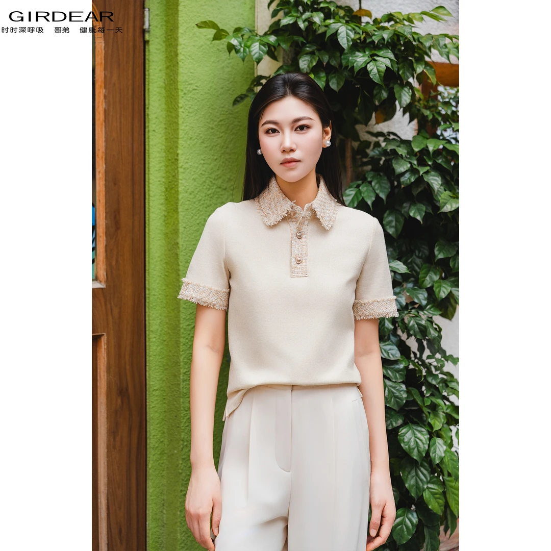 GIRDEAR/哥弟夏季时尚百搭质感精致小香金边短袖POLO衫女 1300924