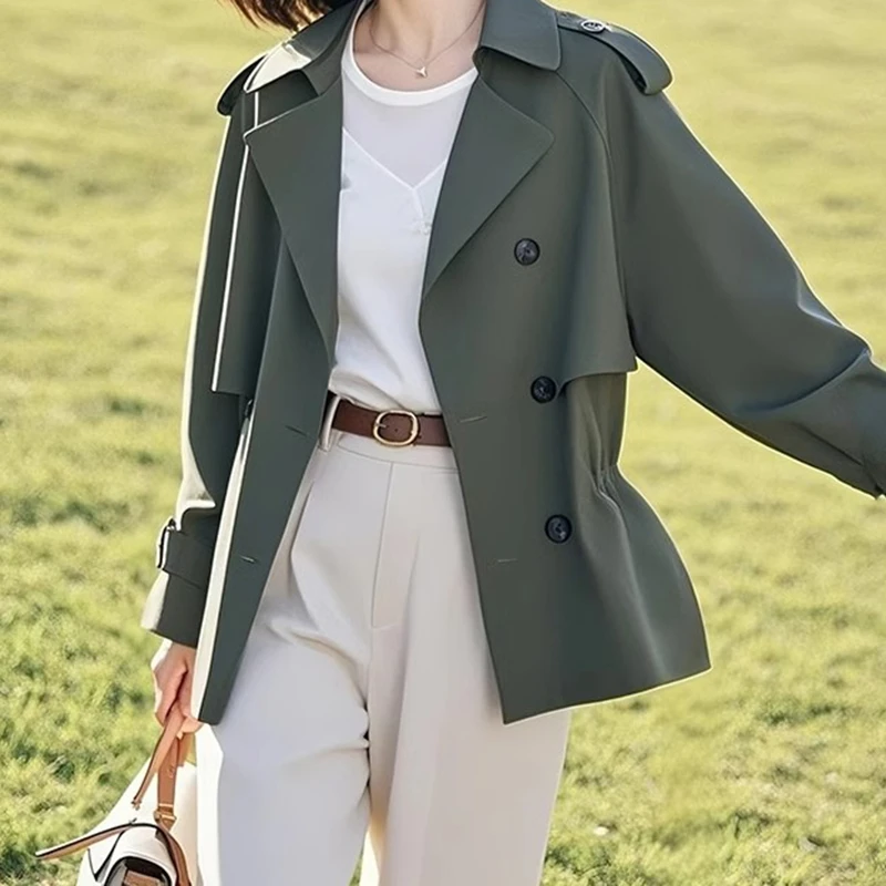 绿色短款收腰风衣外套女春秋2025新款春季女士休闲百搭设计感上衣