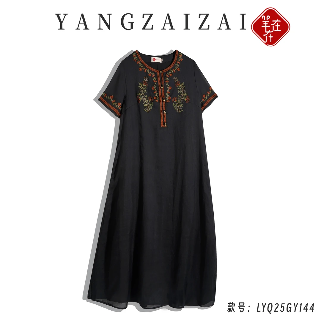 羊在在【长春结】原创纯苎麻刺绣改良连衣裙民族风女装LYQ25GY144
