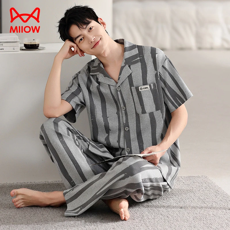 猫人睡衣纯棉男士2025新款简约夏天可外穿短袖套装大码宽松家居服