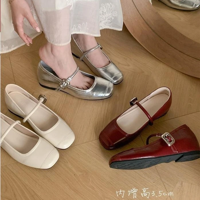 内增高3.5CM单鞋浅口2025银色鞋法式复古玛丽珍鞋女春秋小众设计